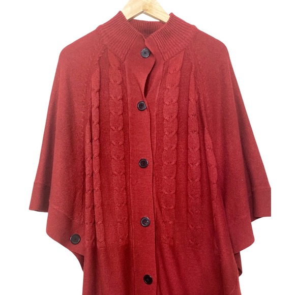 Argee Womens Red Cable Knit Button Front Poncho Sweater Mock Neck L/XL - Picture 2 of 5